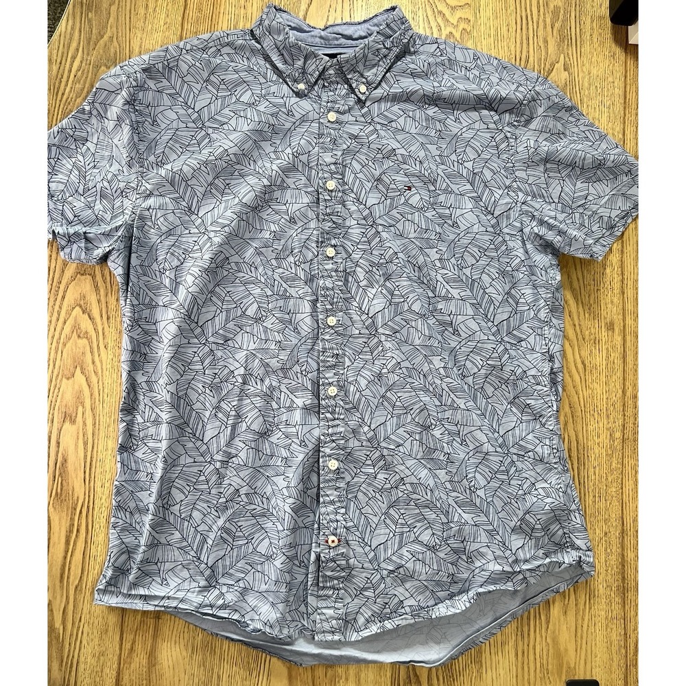 Tommy Hilfiger Men's Blue Leaf Print Short Sleeve Button Down Shirt Size XXL